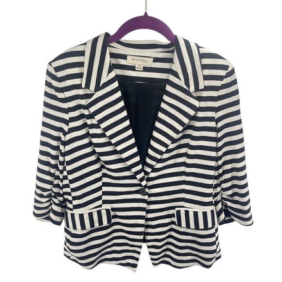 Monteau Women's Single Button Blazer Striped 3/4 Sleeve black white Medium - Picture 8 of 11
